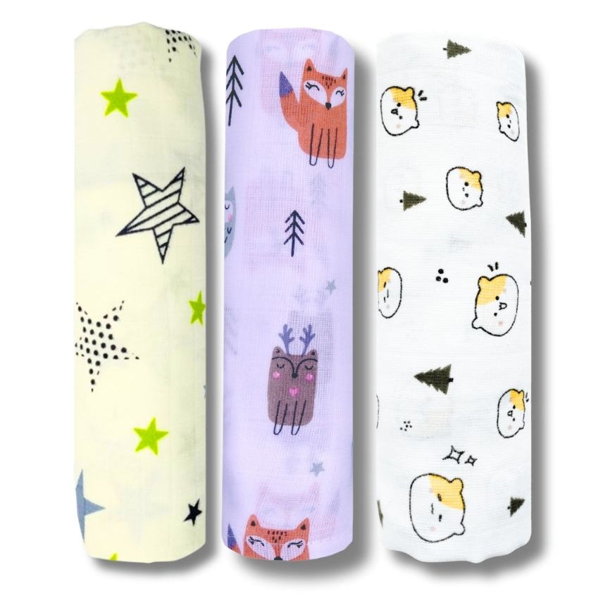 Lazytoddler Muslin Swaddle Printed Design (New Star , Fox , Teddy) Set of 3