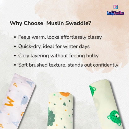 LazyToddler Muslin Swaddle Set of 3 –New Star , Fox & Teddy – Newborn Baby Blanket