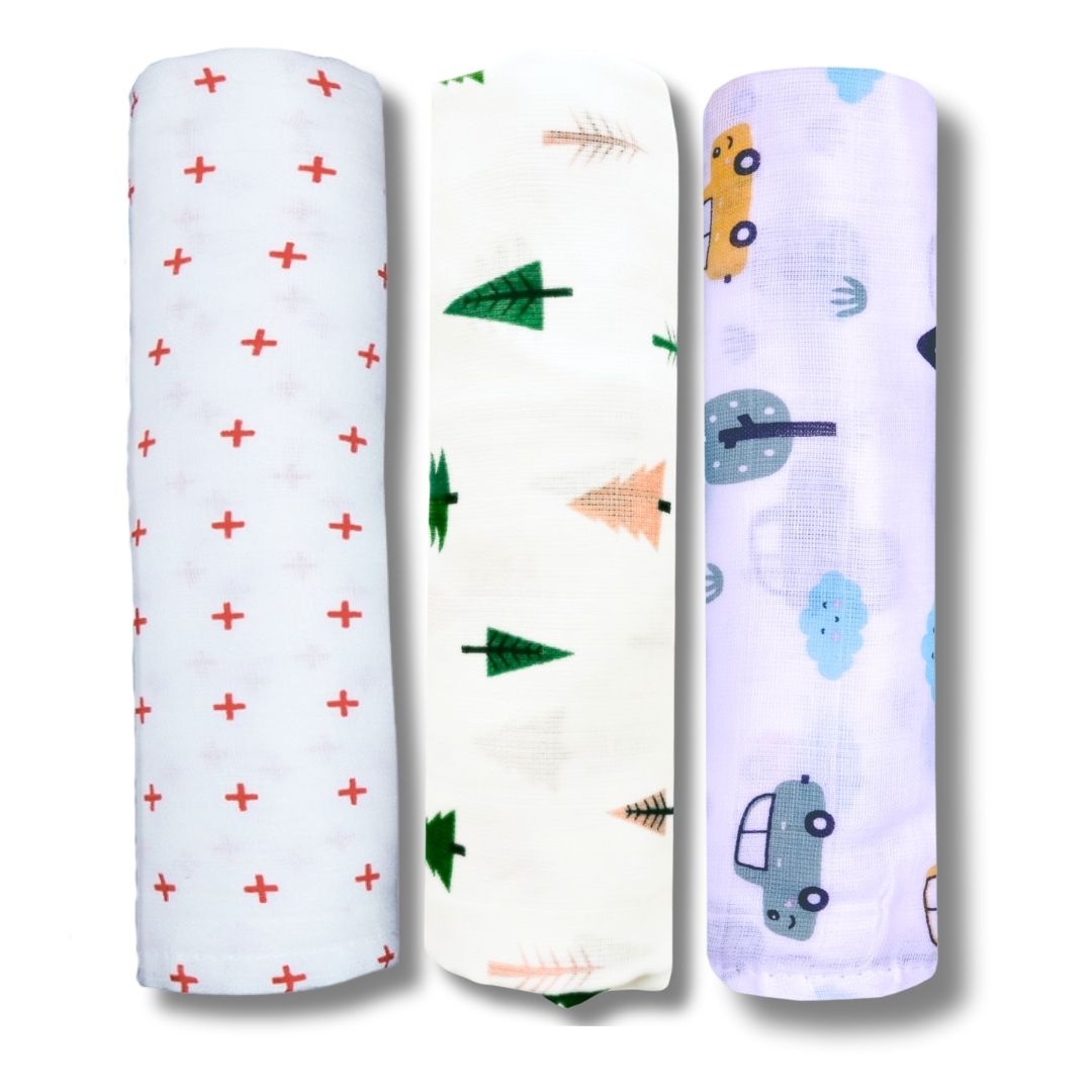 LazyToddler Muslin Swaddle Set of 3 –Red Plus , Car , Tree – Newborn Baby Blanket