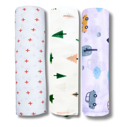 LazyToddler Muslin Swaddle Set of 3 –Red Plus , Car , Tree – Newborn Baby Blanket