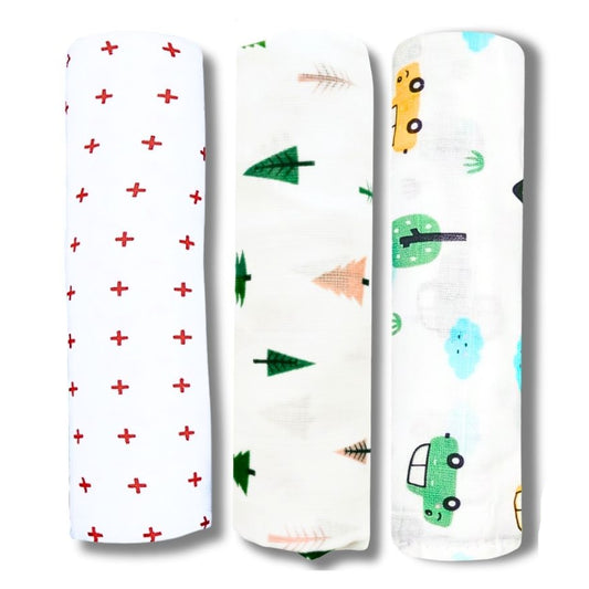 Lazytoddler Muslin Swaddle Printed Design (Red Plus , Tree , Car) Set of 3