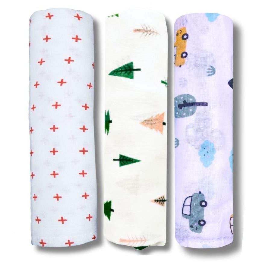Lazytoddler Muslin Swaddle Printed Design (Red Plus , Tree , Car) Set of 3