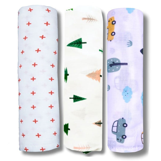 Lazytoddler Muslin Swaddle Printed Design (Red Plus , Tree , Car) Set of 3
