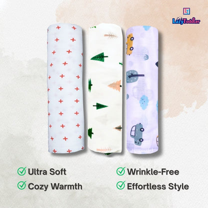 Lazytoddler Muslin Swaddle Printed Design (Red Plus , Tree , Car) Set of 3