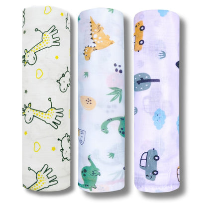 LazyToddler Muslin Swaddle Set of 3 – Car, Dino & Yellow Camel – Newborn Baby Blanket