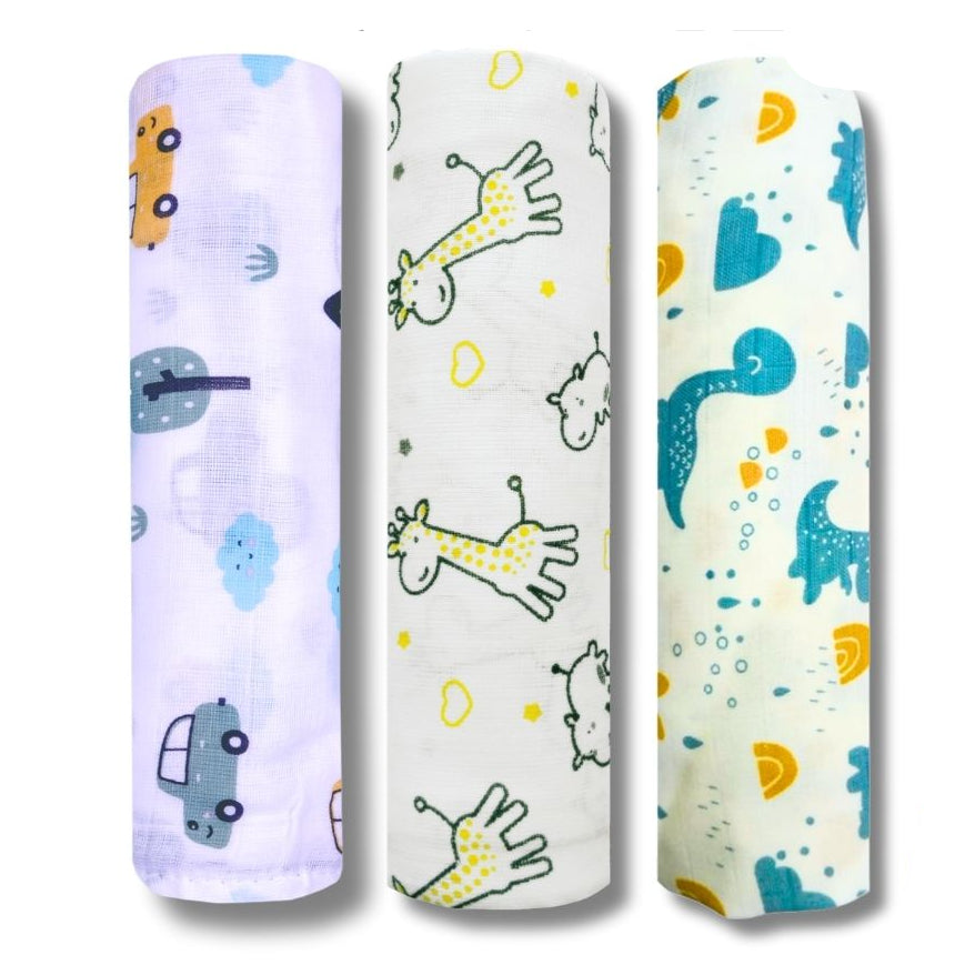 Lazytoddler Muslin Swaddle Printed Design (Yellow Camel , Car , Blue Dino) Set of 3