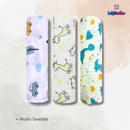 Lazytoddler Muslin Swaddle Printed Design (Yellow Camel , Car , Blue Dino) Set of 3
