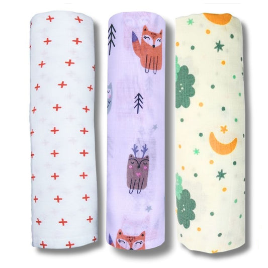 Lazytoddler Muslin Swaddle Printed Design (Red Plus , Fox , Cloud ) Set of 3