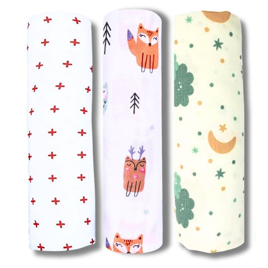 Lazytoddler Muslin Swaddle Printed Design (Red Plus , Fox , Cloud ) Set of 3