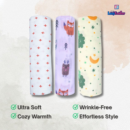 Lazytoddler Muslin Swaddle Printed Design (Red Plus , Fox , Cloud ) Set of 3
