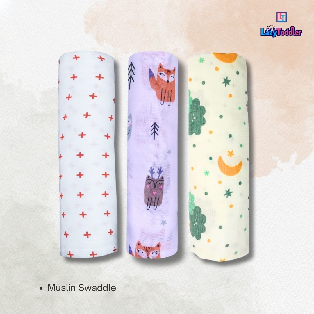 Lazytoddler Muslin Swaddle Printed Design (Red Plus , Fox , Cloud ) Set of 3