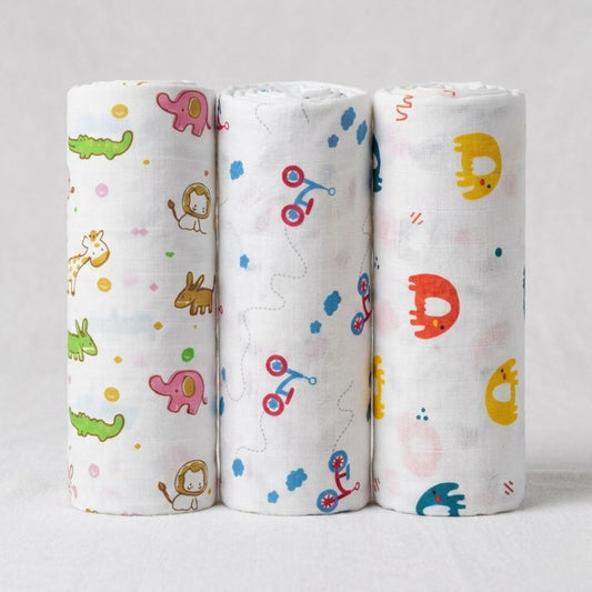 LazyToddler Premium Muslin Baby Swaddle Set of 3 | Multi-Print Design Blankets