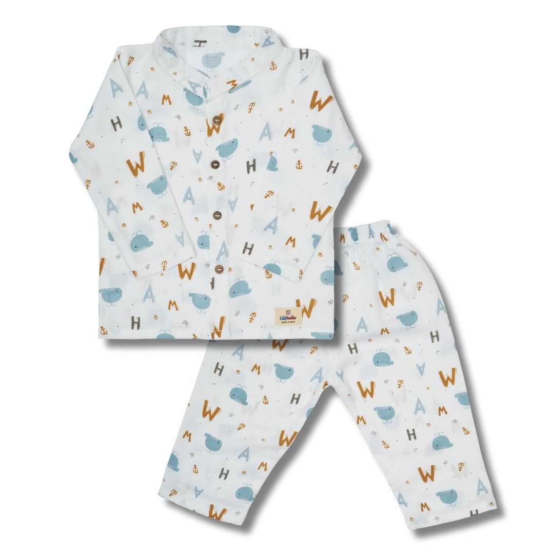 Premium Muslin Chinese Collar Co-ord Set Full Shirt & Pant (Alphabet)