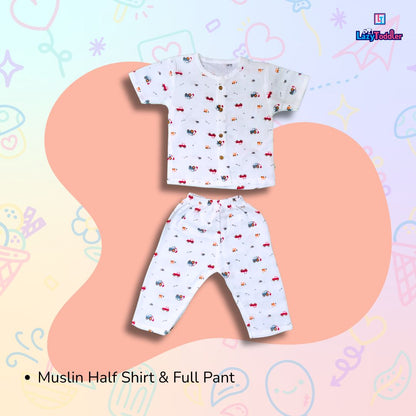 LazyToddler Muslin Half Shirt and Full Pant Set ( Crane )