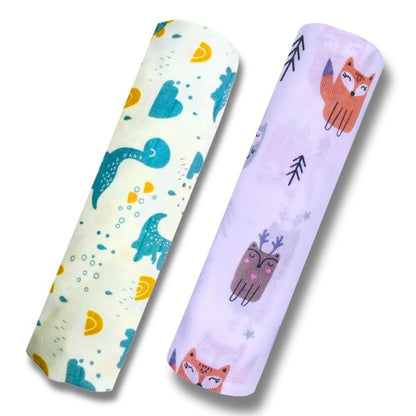 Lazytoddler Muslin Swaddle Printed Design (Blue Dino , Fox)  Set of 2