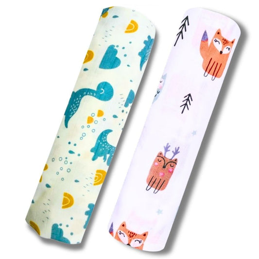 Lazytoddler Muslin Swaddle Printed Design (Blue Dino , Fox)  Set of 2