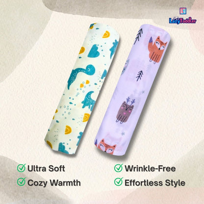 Lazytoddler Muslin Swaddle Printed Design (Blue Dino , Fox)  Set of 2