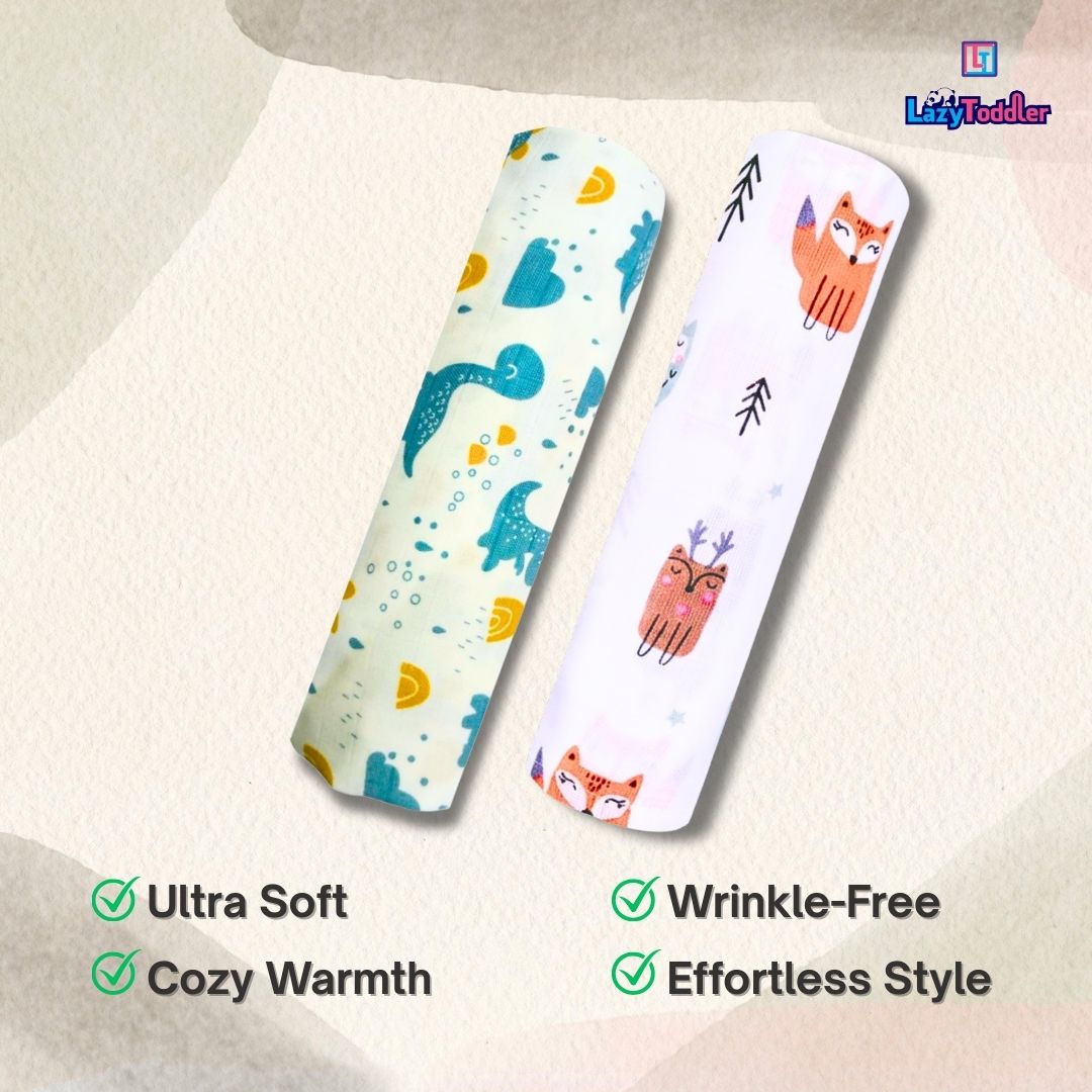 Lazytoddler Muslin Swaddle Printed Design (Blue Dino , Fox)  Set of 2