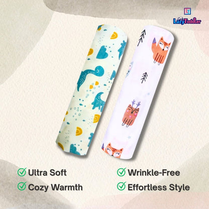 Lazytoddler Muslin Swaddle Printed Design (Blue Dino , Fox)  Set of 2