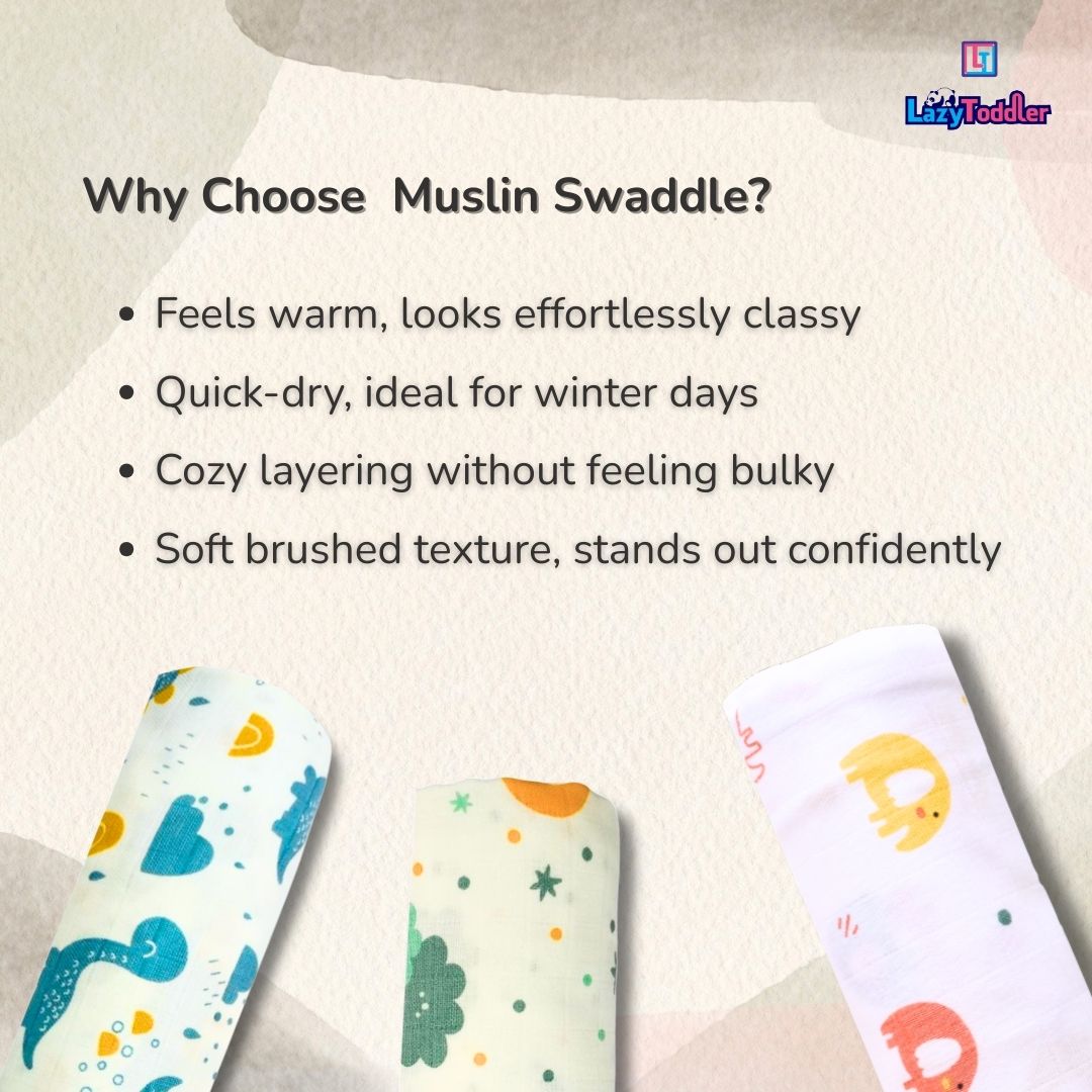 Lazytoddler Muslin Swaddle Printed Design (Blue Dino , Fox)  Set of 2