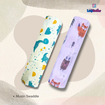 Lazytoddler Muslin Swaddle Printed Design (Blue Dino , Fox)  Set of 2