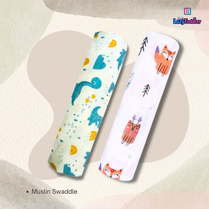 Lazytoddler Muslin Swaddle Printed Design (Blue Dino , Fox)  Set of 2