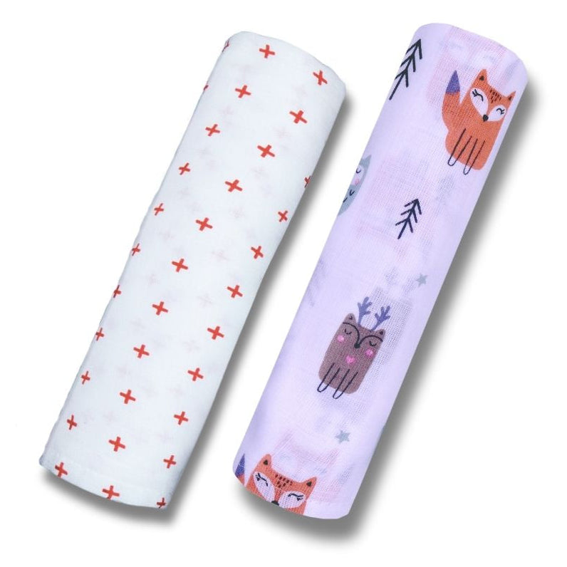 Lazytoddler Muslin Swaddle Printed Design (Red Plus & Fox) Set of 2