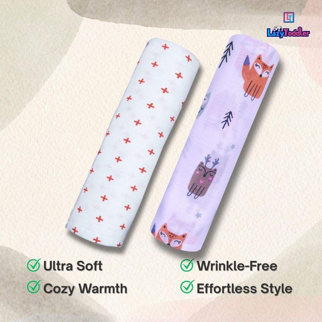 Lazytoddler Muslin Swaddle Printed Design (Red Plus & Fox) Set of 2