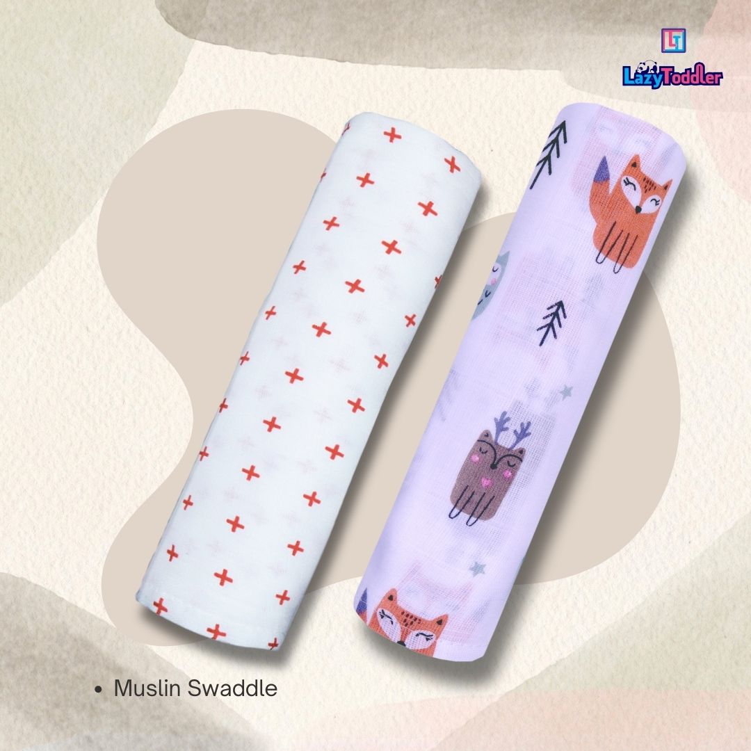 Lazytoddler Muslin Swaddle Printed Design (Red Plus & Fox) Set of 2