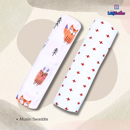 Lazytoddler Muslin Swaddle Printed Design (Red Plus & Fox) Set of 2