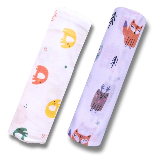 Lazytoddler Muslin Swaddle Printed Design (Elephant & Fox) Set of 2