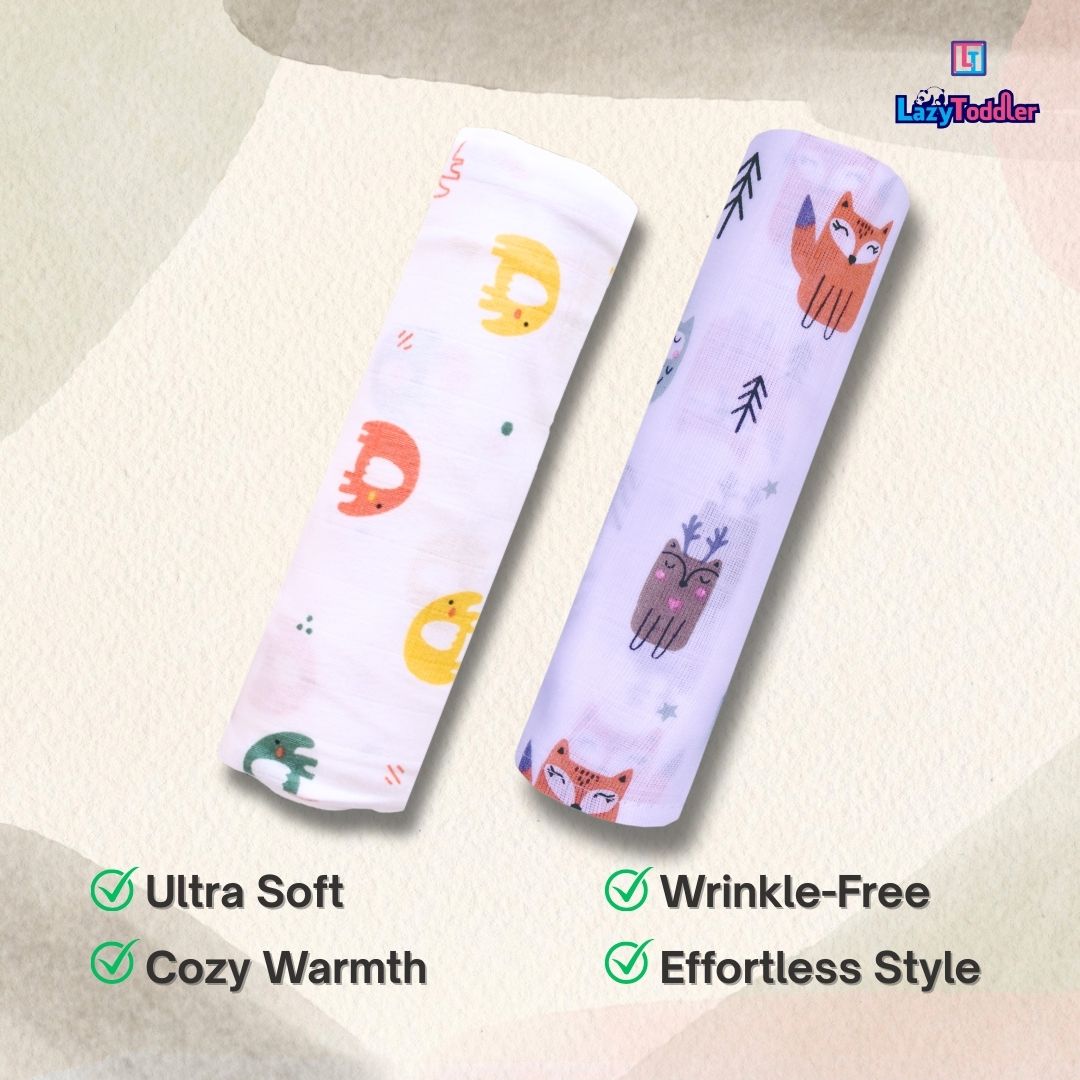 Lazytoddler Muslin Swaddle Printed Design (Elephant & Fox) Set of 2