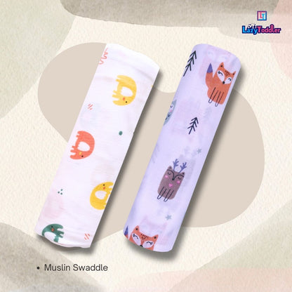 Lazytoddler Muslin Swaddle Printed Design (Elephant & Fox) Set of 2