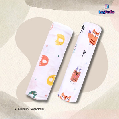 Lazytoddler Muslin Swaddle Printed Design (Elephant & Fox) Set of 2