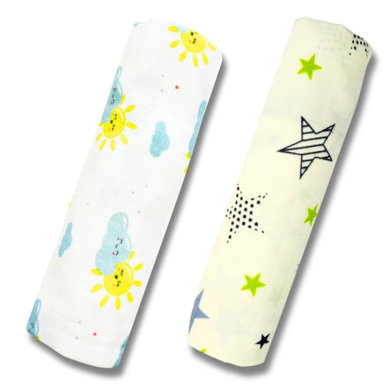 Lazytoddler Muslin Swaddle Printed Design (Sun & New Star)  Set of 2