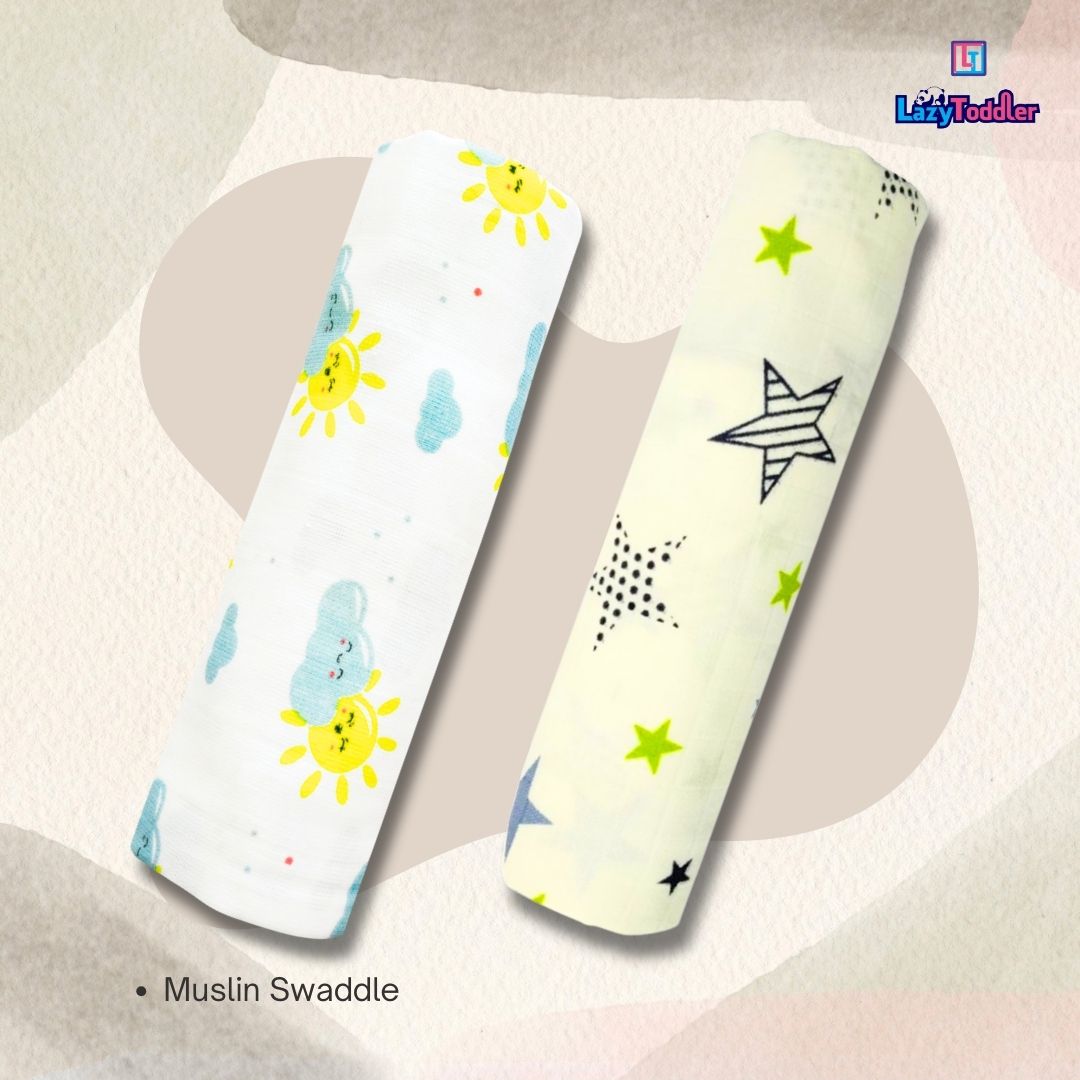 Lazytoddler Muslin Swaddle Printed Design (Sun & New Star)  Set of 2