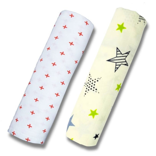 Lazytoddler Muslin Swaddle Printed Design (Red Plus & New Star) Set of 2