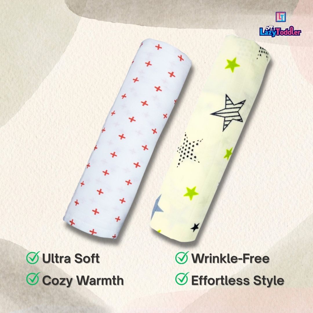 Lazytoddler Muslin Swaddle Printed Design (Red Plus & New Star) Set of 2