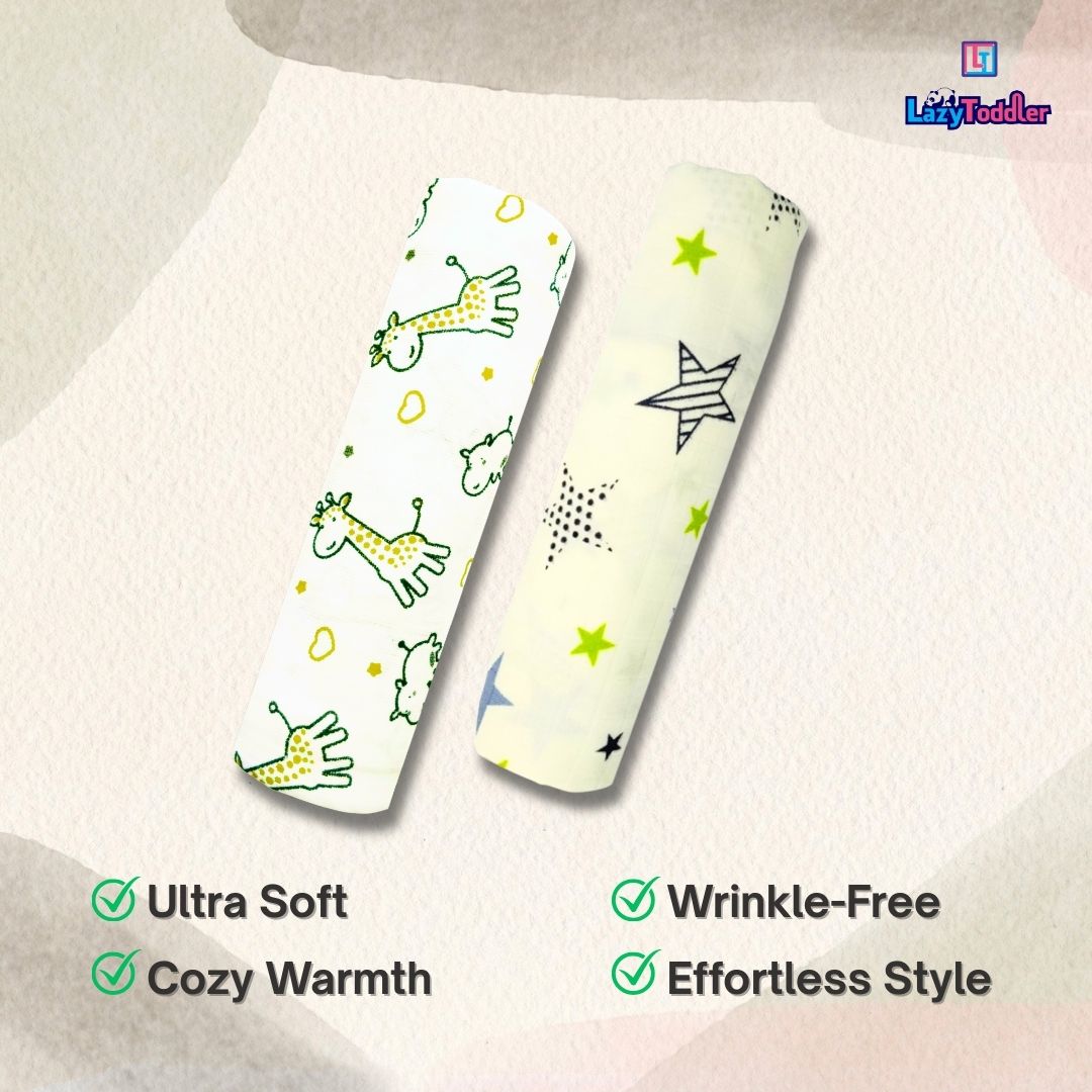 Lazytoddler Muslin Swaddle Printed Design (Yellow Camel , New Star)  Set of 2