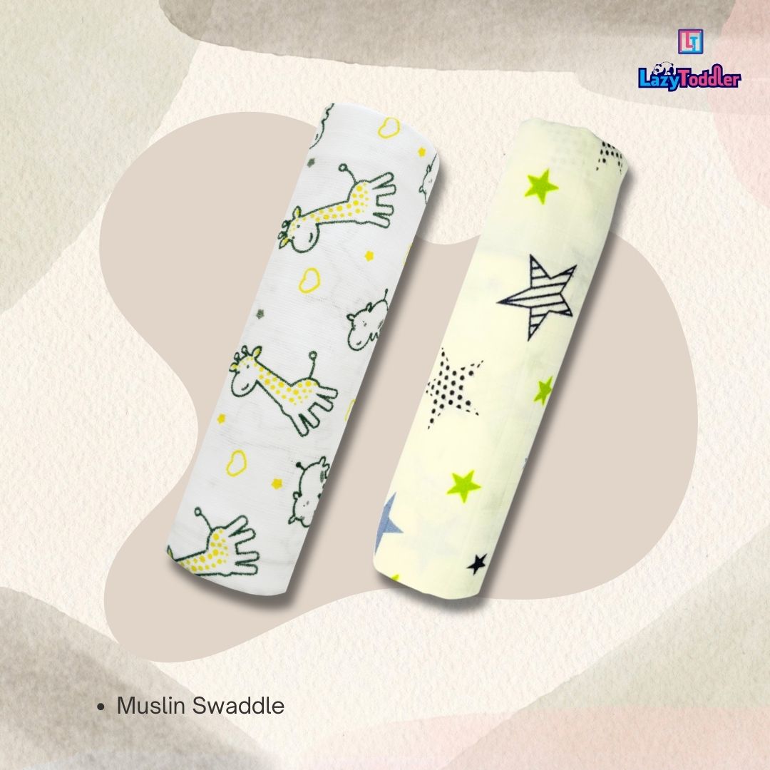 Lazytoddler Muslin Swaddle Printed Design (Yellow Camel , New Star)  Set of 2