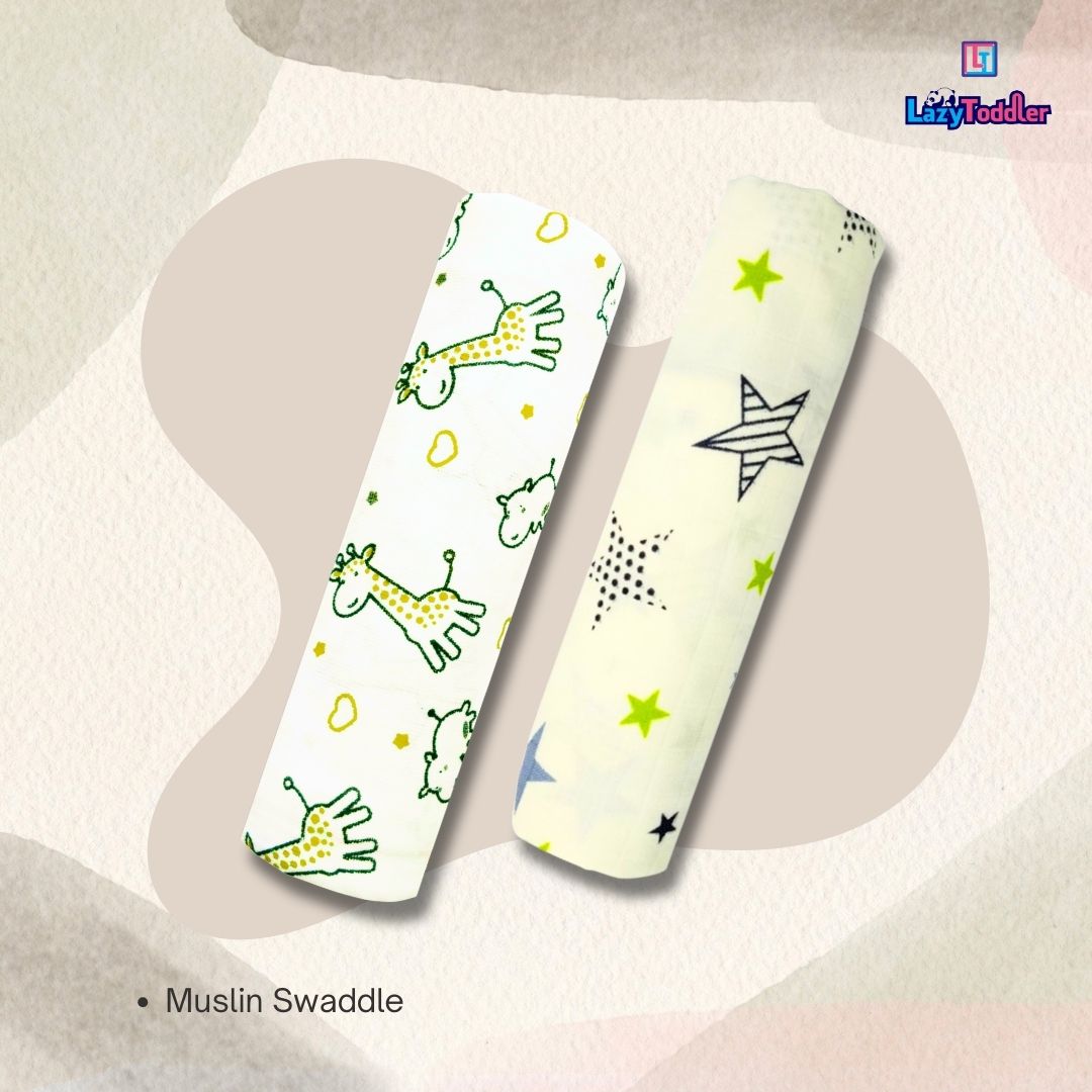 Lazytoddler Muslin Swaddle Printed Design (Yellow Camel , New Star)  Set of 2