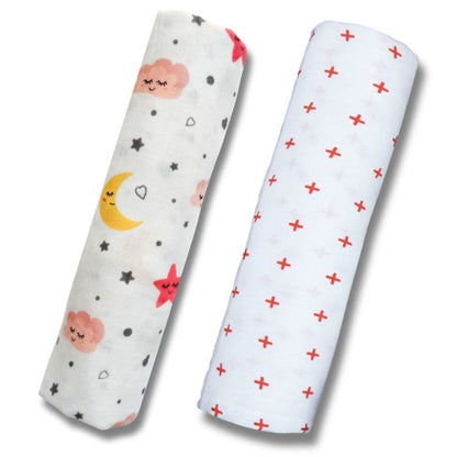 Lazytoddler Muslin Swaddle Printed Design (Moon & Red Plus) Set of 2