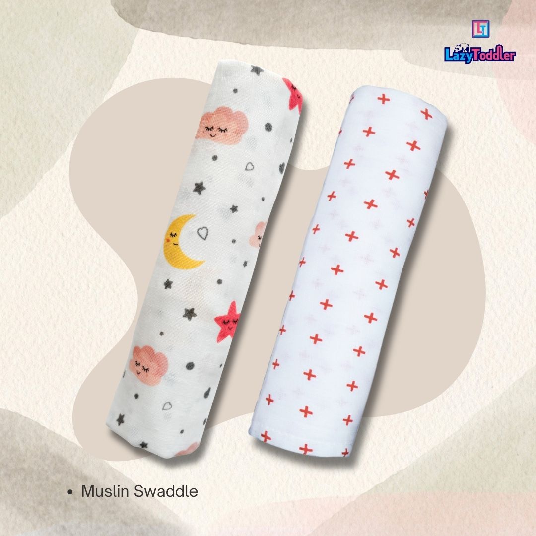 Lazytoddler Muslin Swaddle Printed Design (Moon & Red Plus) Set of 2
