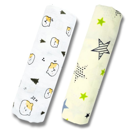 Lazytoddler Muslin Swaddle Printed Design (Teddy & New Star ) Set of 2