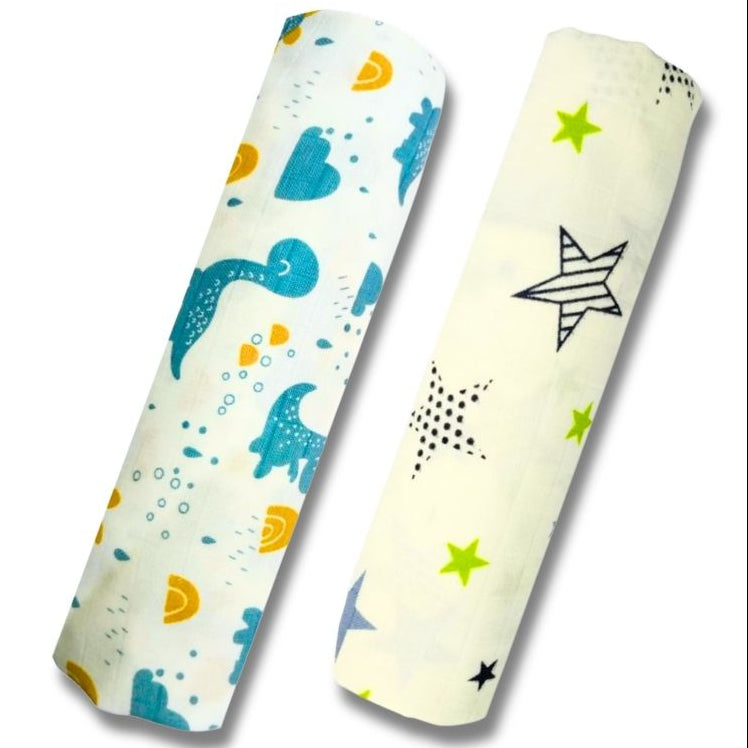 Lazytoddler Muslin Swaddle Printed Design (New Star , Blue Dino)  Set of 2