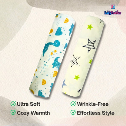 Lazytoddler Muslin Swaddle Printed Design (New Star , Blue Dino)  Set of 2