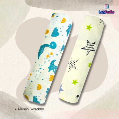 Lazytoddler Muslin Swaddle Printed Design (New Star , Blue Dino)  Set of 2
