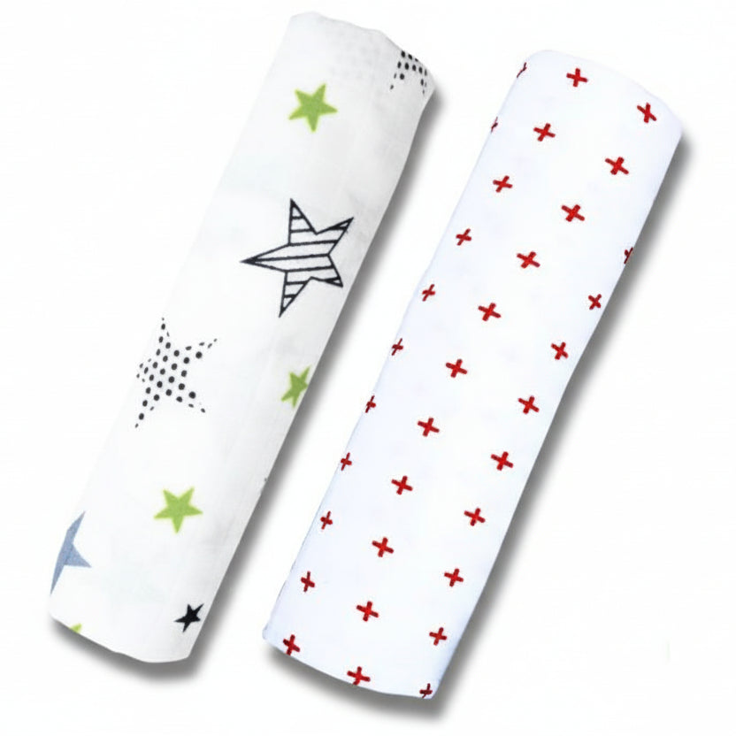 Lazytoddler Muslin Swaddle Printed Design (Red Plus & New Star) Set of 2