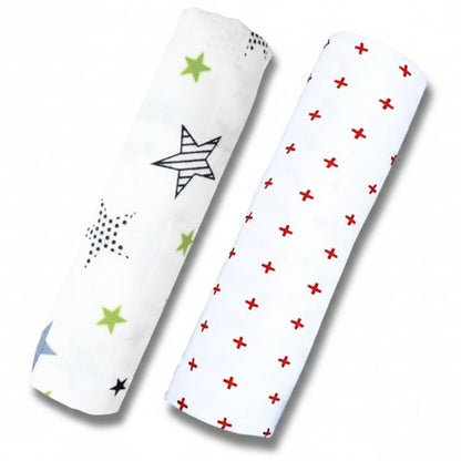 Lazytoddler Muslin Swaddle Printed Design (Red Plus & New Star) Set of 2