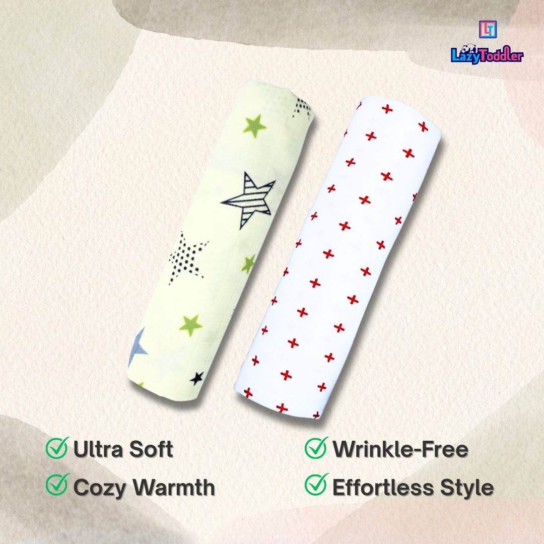 Lazytoddler Muslin Swaddle Printed Design (Red Plus & New Star) Set of 2